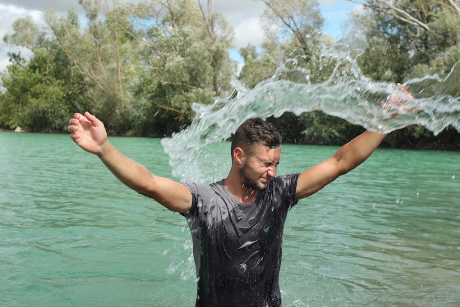 Harris getting wet after his PB