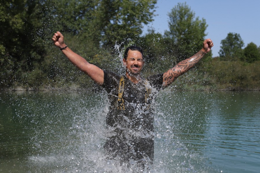 Tom getting a soaking after a new PB...